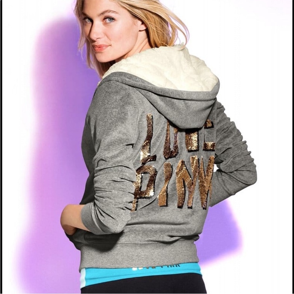 Victoria's Secret Gray Hoodie with Faux Fur Lining and Gold Sequin Lettering